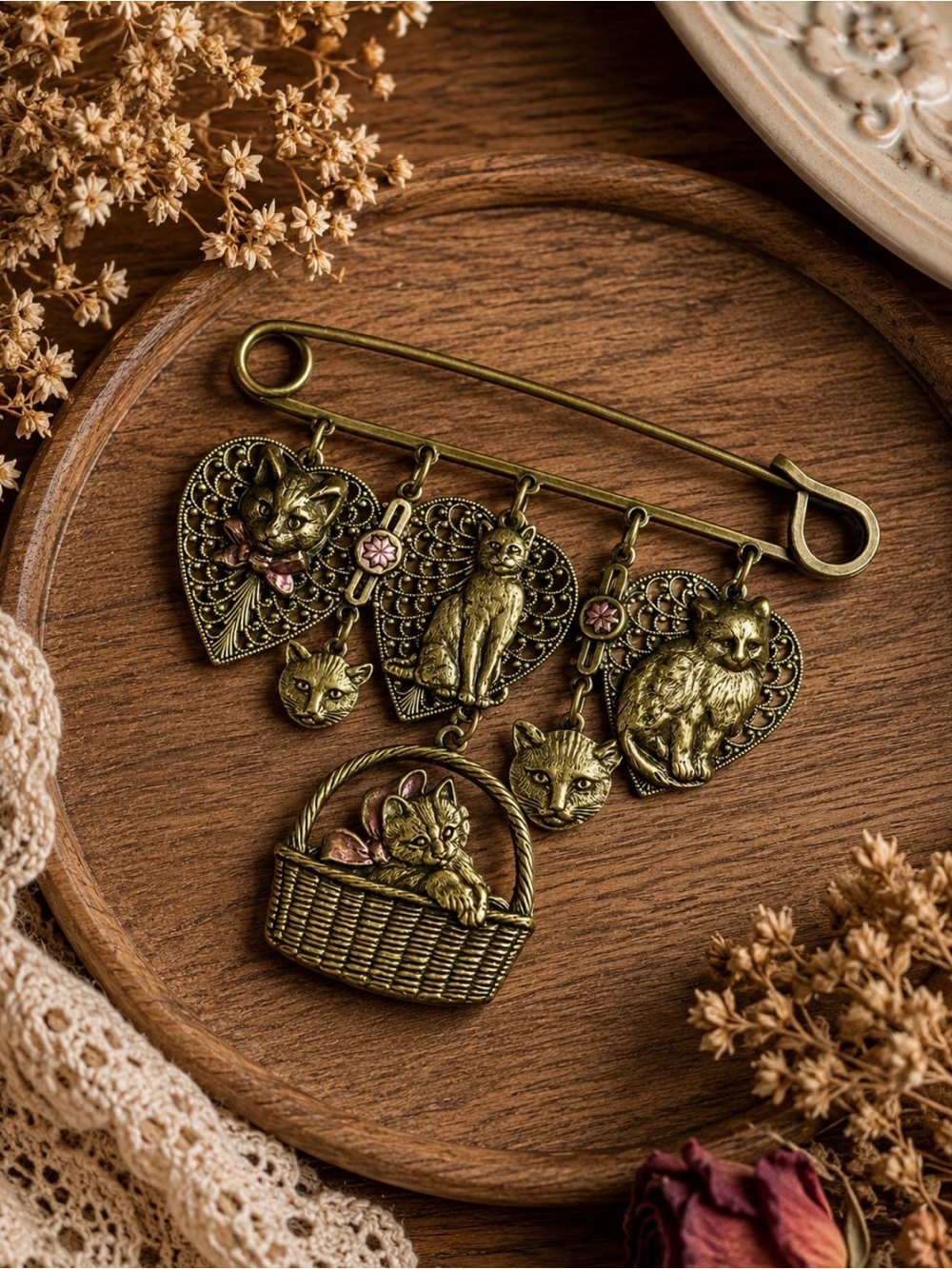 Vintage Brass Cat Charm Brooch Safety Pin Dangle Kitten Basket